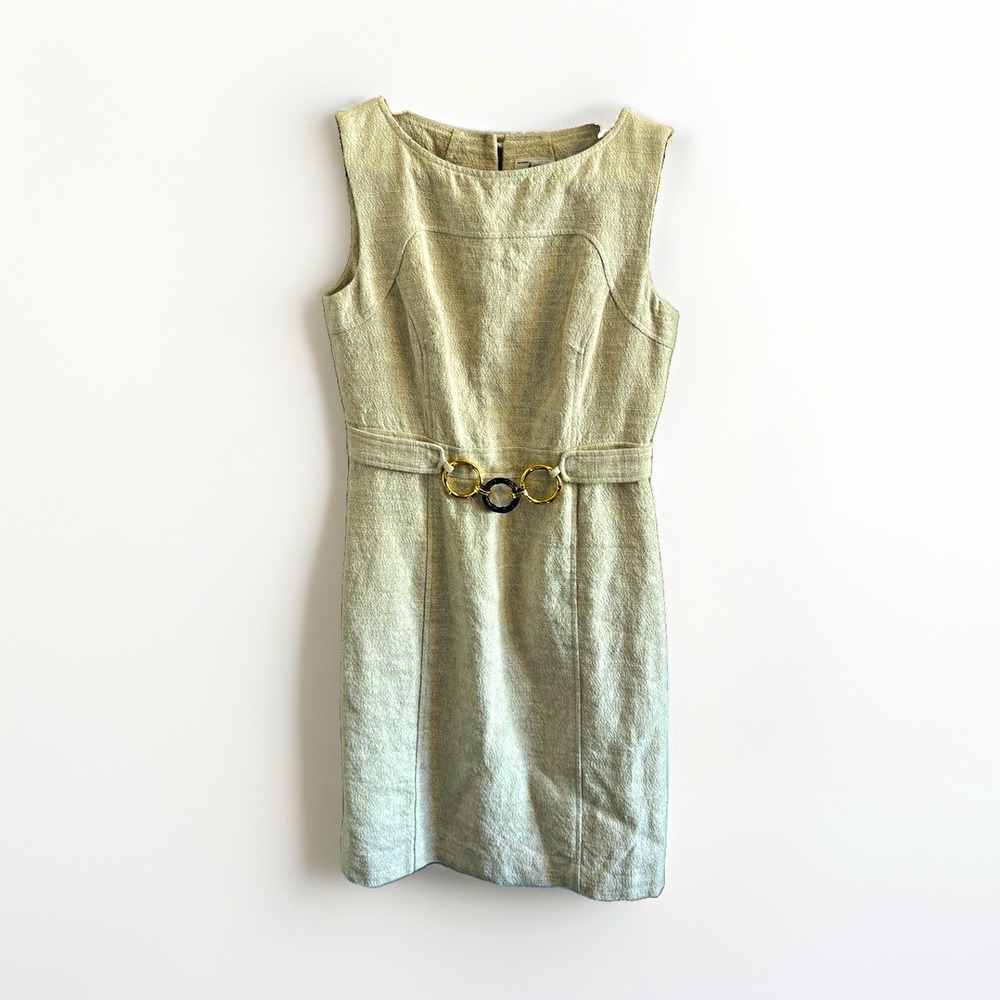 Milly of New York Womens 8 Beige Tweed Sheath Dress Lined Belt Zip Sleeveless